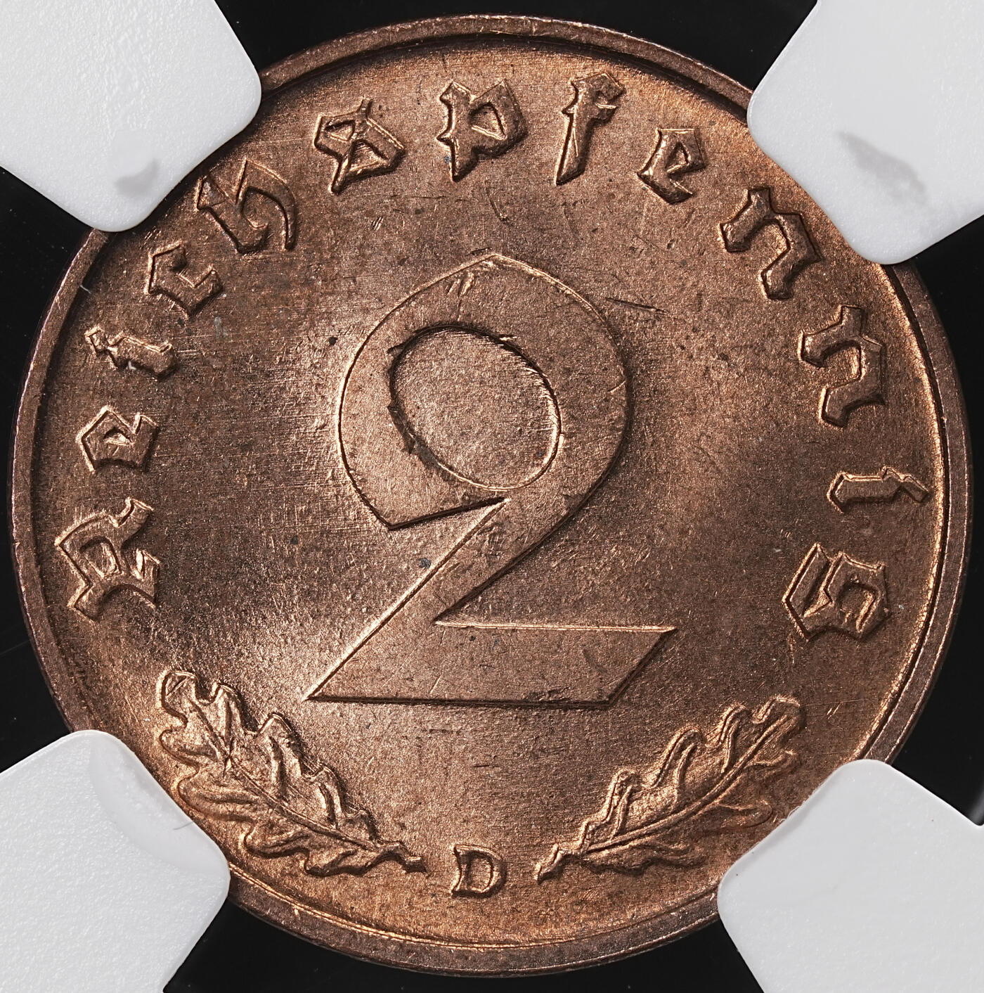 修遠堂世界钱币第七十一期 NGC MS65RB 1939年德国2芬尼铜币 D厂铭