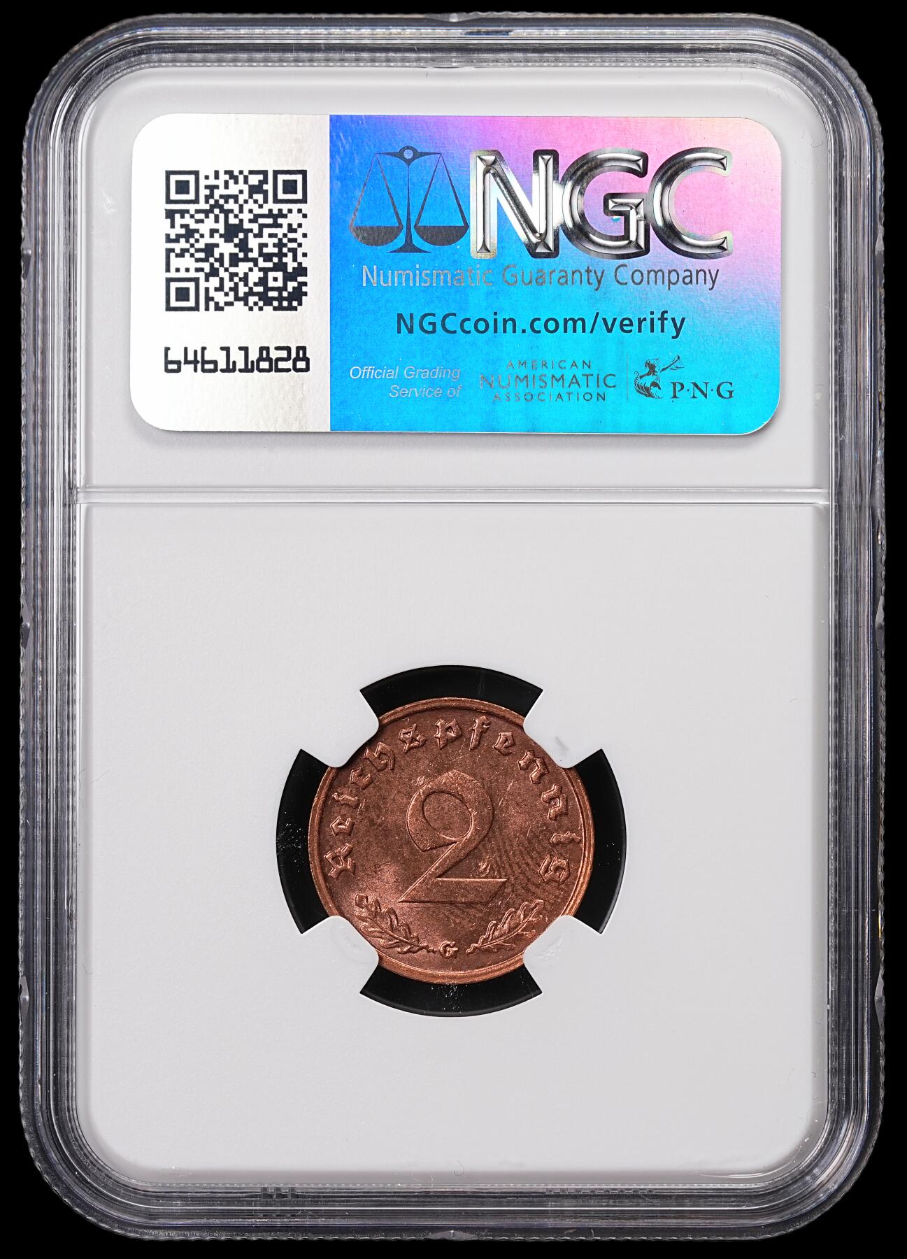 修遠堂世界钱币第七十一期 NGC MS63RB 1939年德国2芬尼铜币 G厂铭
