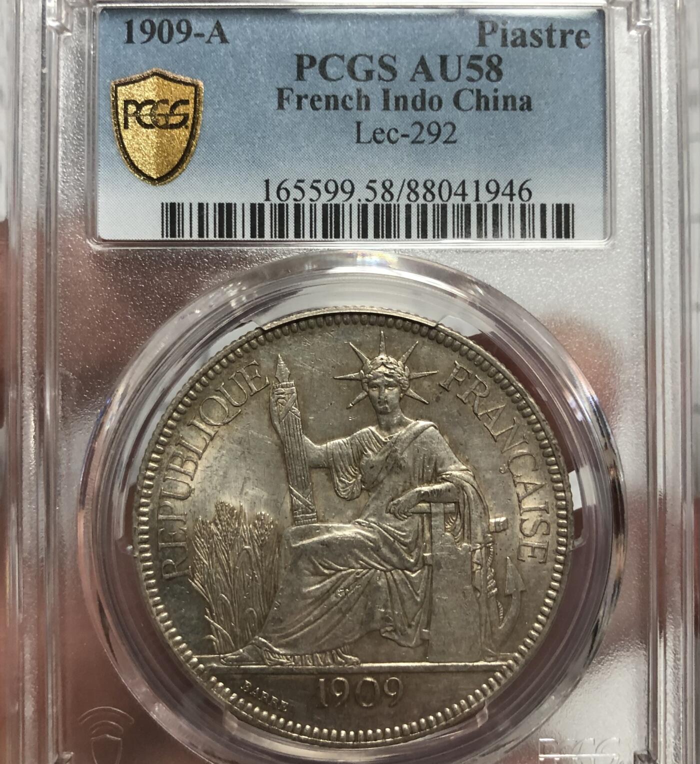 法属印支1909-A坐洋PCGS AU58