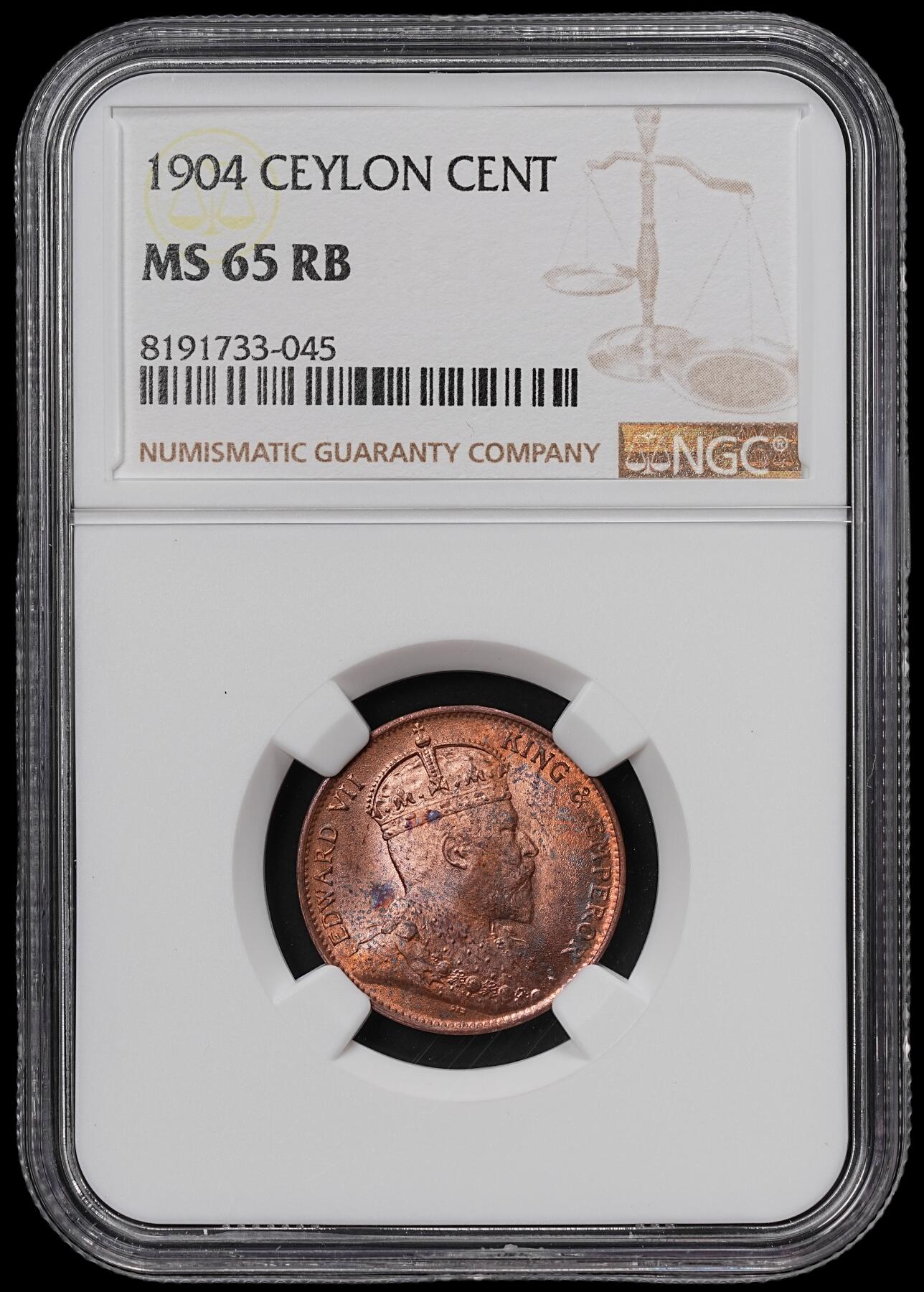 修遠堂世界钱币第七十一期 NGC MS65RB 1904年英属锡兰1分铜币