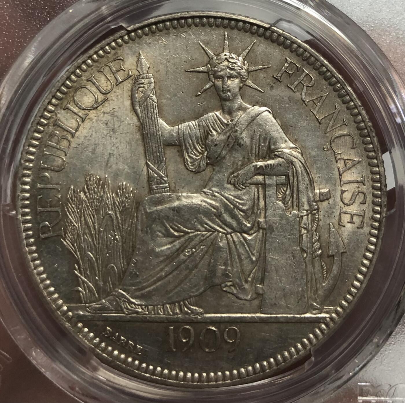 法属印支1909-A坐洋PCGS AU58