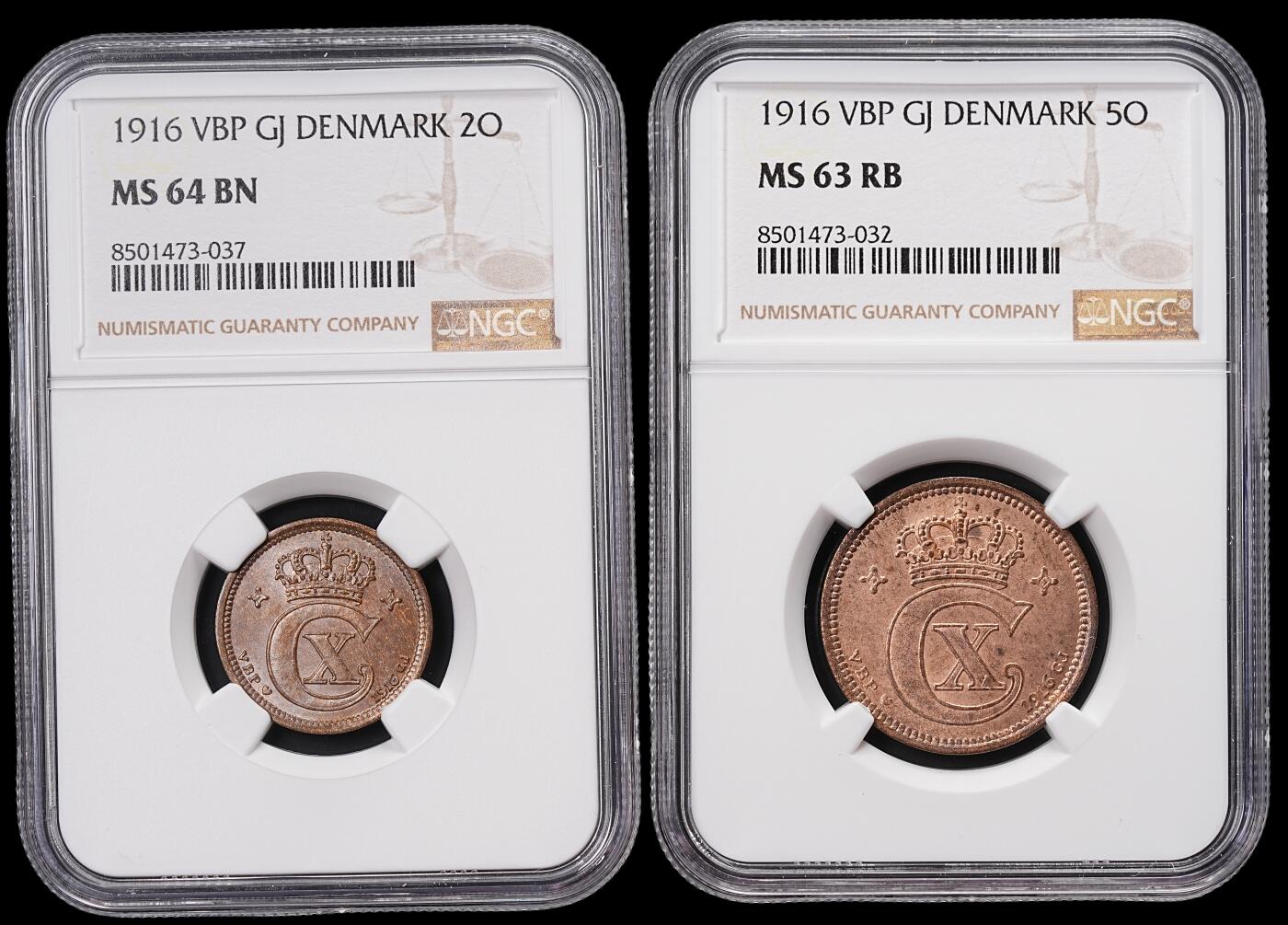 修遠堂世界钱币第七十一期 NGC评级 1916年丹麦2，5欧尔铜币各一枚