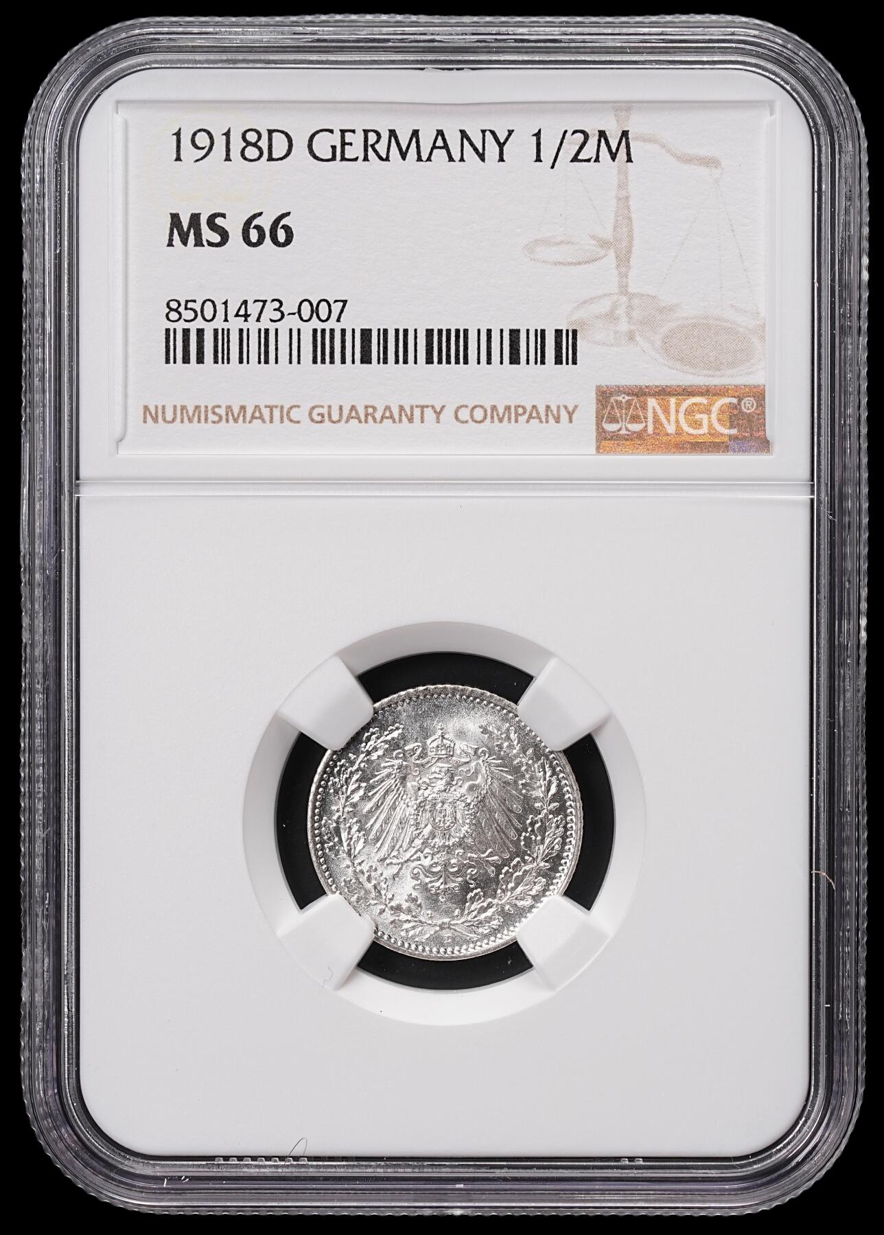 修遠堂世界钱币第七十一期 NGC MS66 1918年德国1/2马克银币