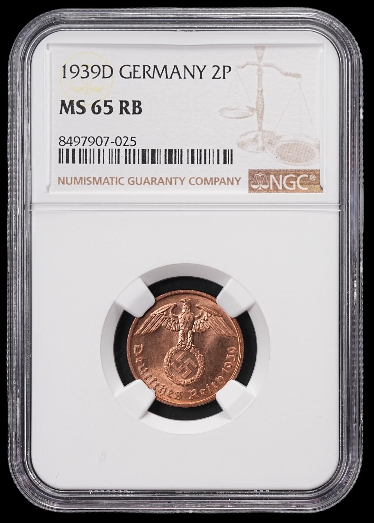 修遠堂世界钱币第七十一期 NGC MS65RB 1939年德国2芬尼铜币 D厂铭