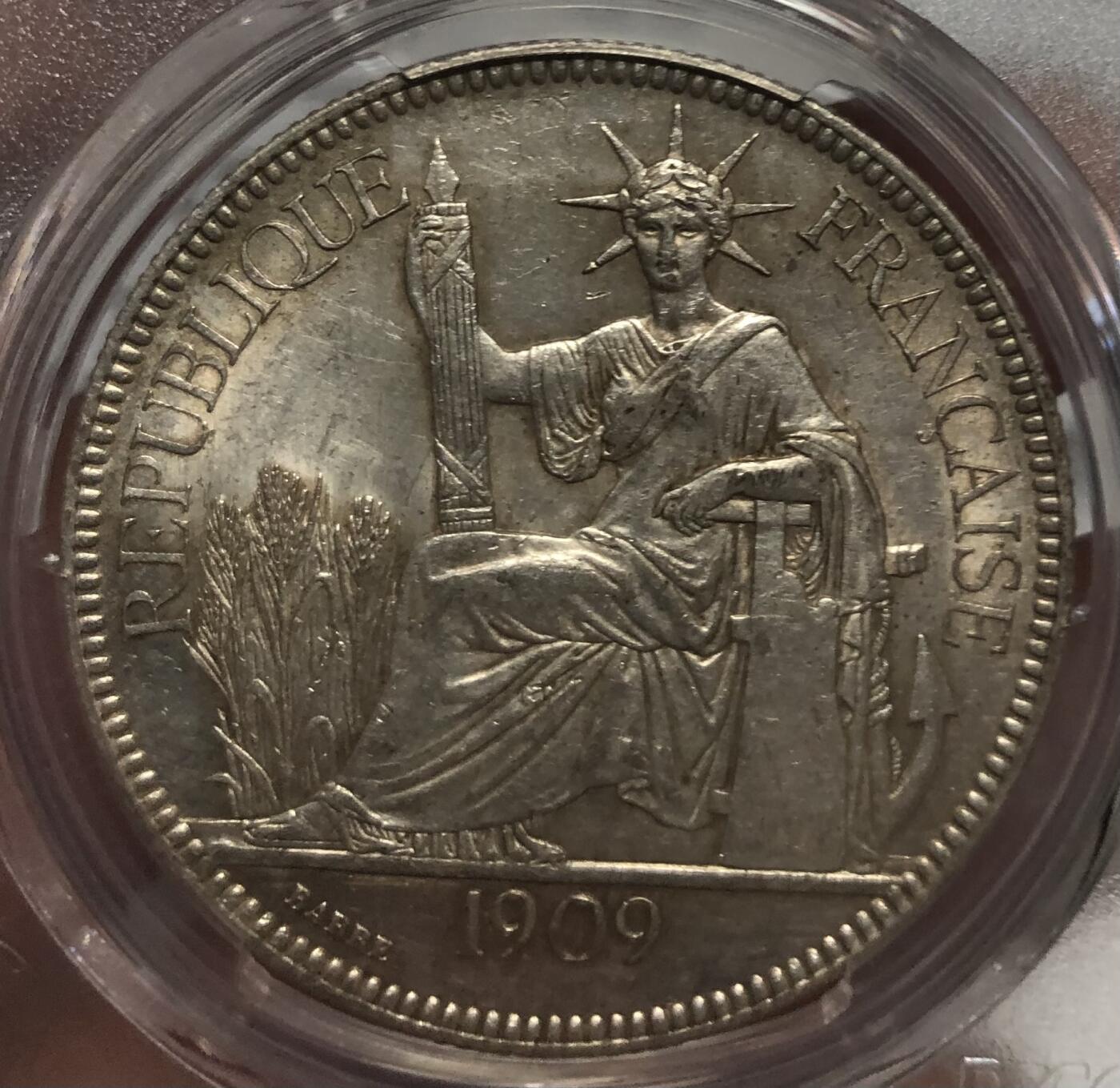 法属印支1909-A坐洋PCGS AU58