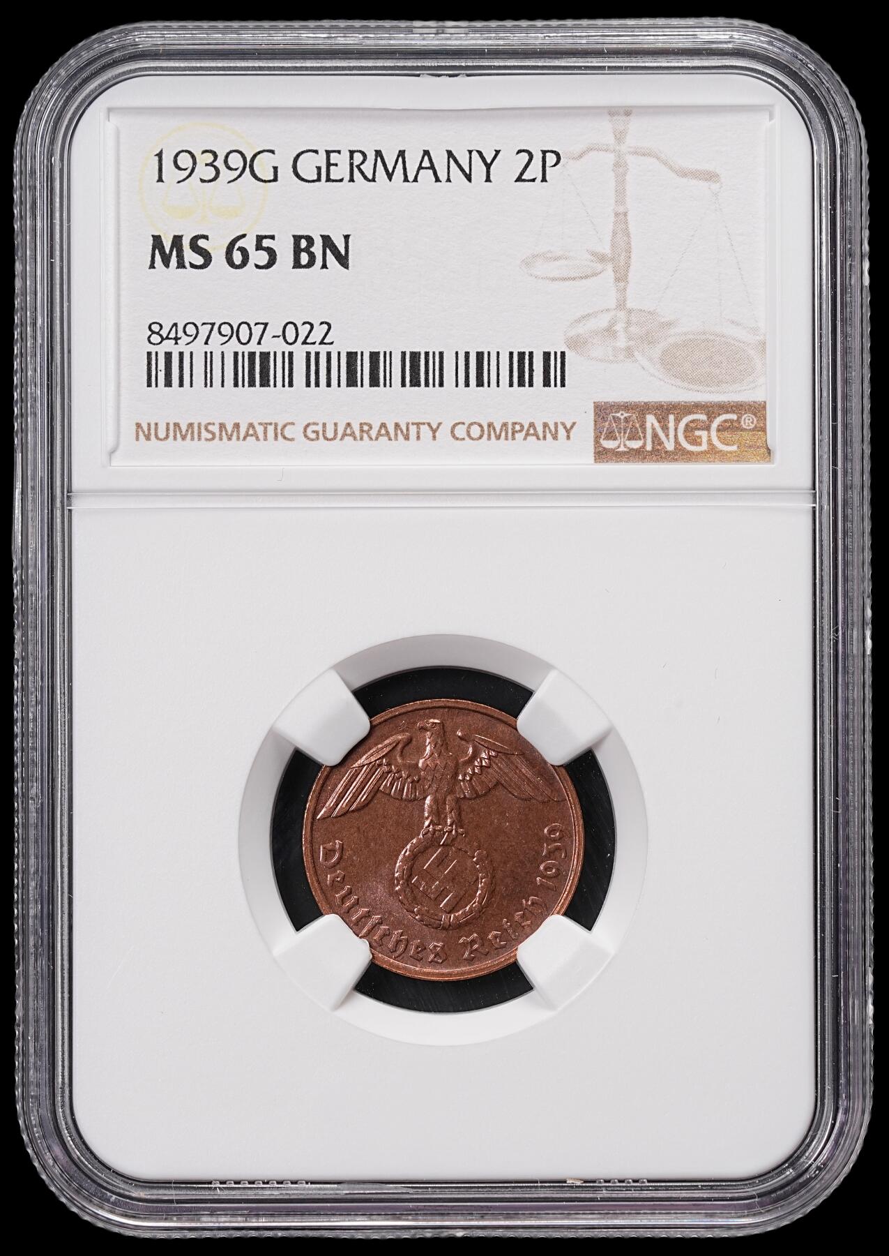 修遠堂世界钱币第七十一期 NGC MS65BN 1939年德国2芬尼铜币 G厂铭