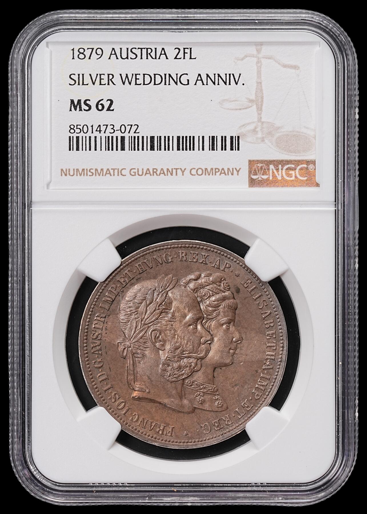 修遠堂世界钱币第七十一期 NGC MS62 1879年奥匈帝国皇帝弗朗茨一世与茜茜公主银婚纪念2古尔登 五彩包浆