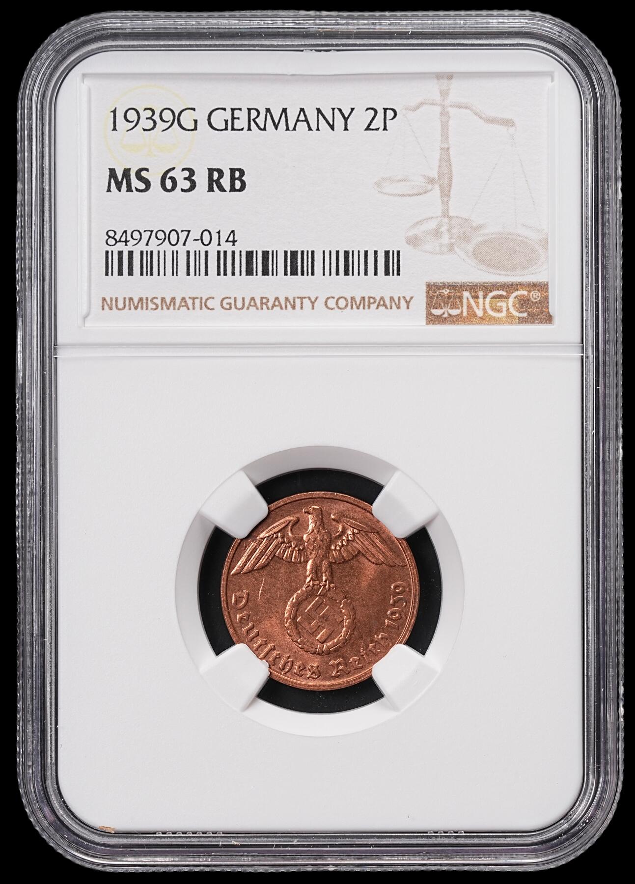 修遠堂世界钱币第七十一期 NGC MS63RB 1939年德国2芬尼铜币 G厂铭