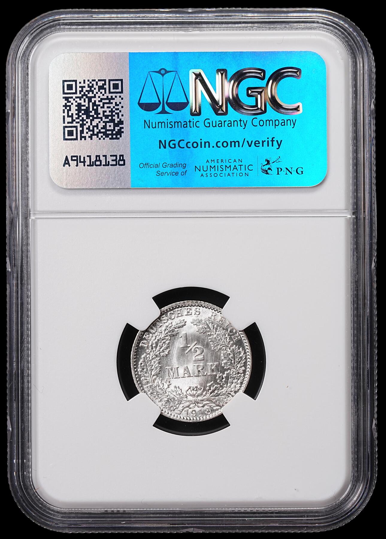 修遠堂世界钱币第七十一期 NGC MS66 1918年德国1/2马克银币
