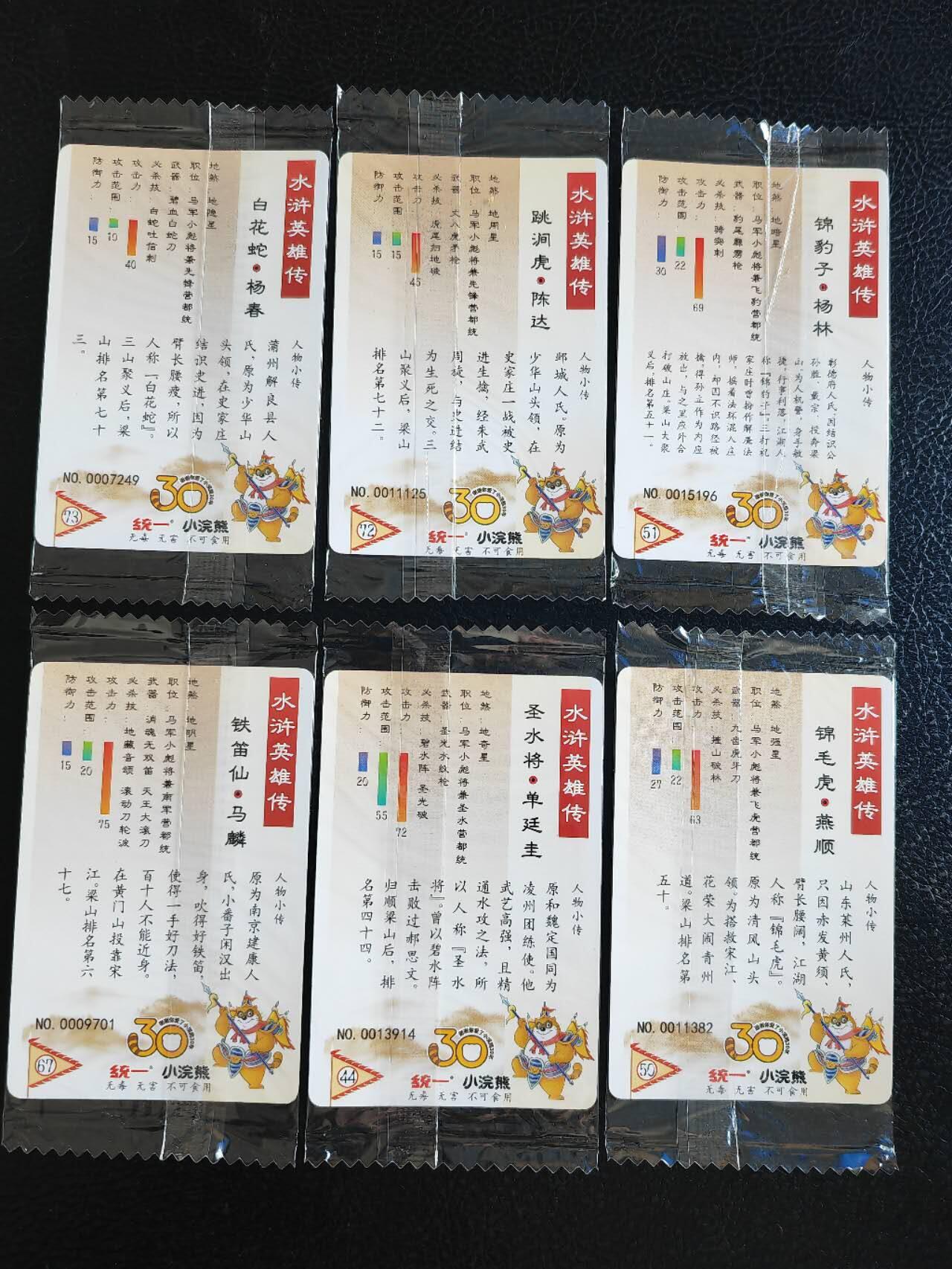 阳大大卡牌超级大甩拍第54期（周五晚上九点截拍，持续收拍品，进群福利早知道） 【小编】统一小浣熊水浒30周年 马军十六小彪将 马麟、杨林、单廷珪、燕顺、陈达、杨春 6张