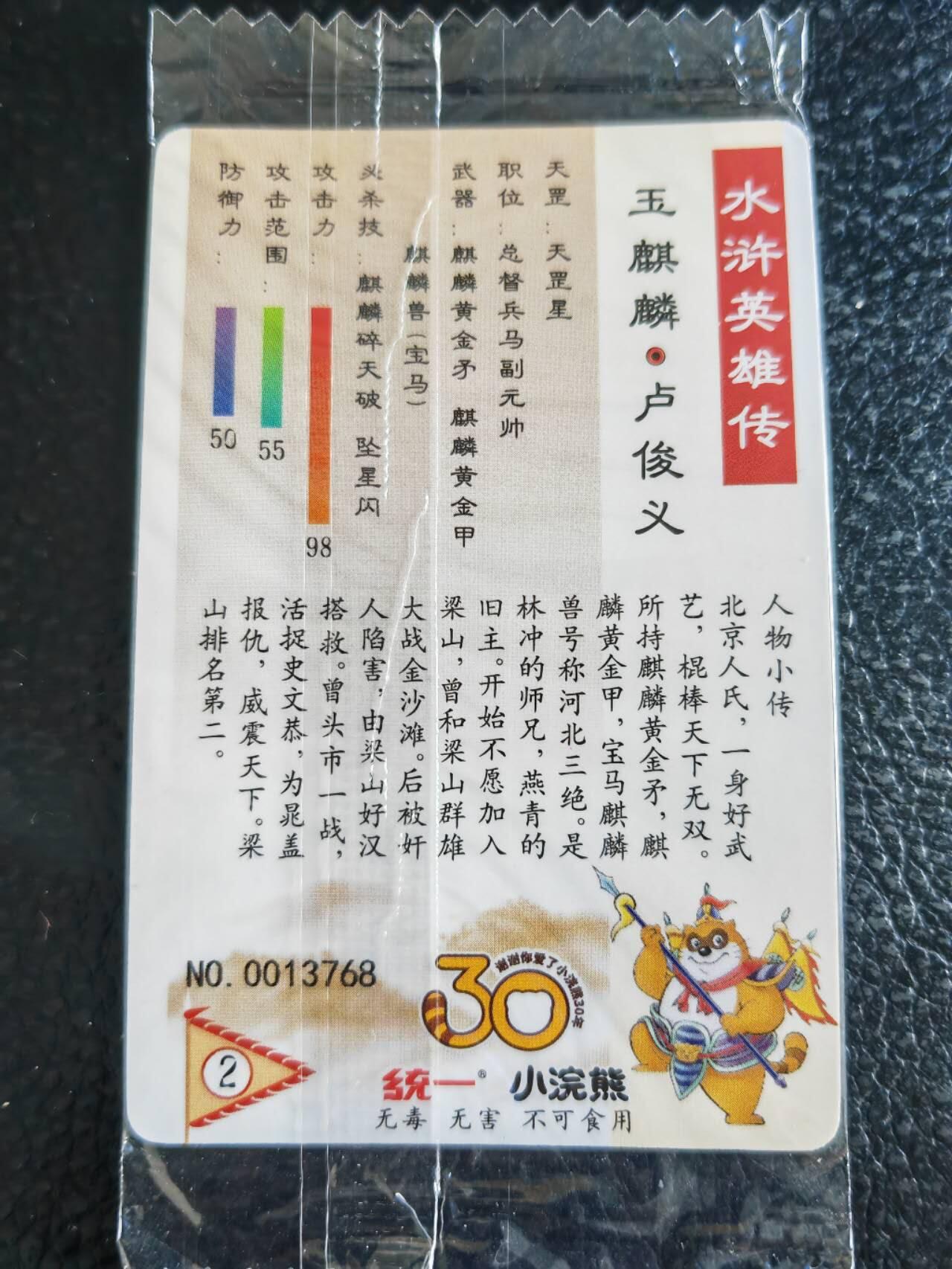 阳大大卡牌超级大甩拍第54期（周五晚上九点截拍，持续收拍品，进群福利早知道） 【小编】统一小浣熊水浒30周年 总督兵马副元帅 玉麒麟卢俊义