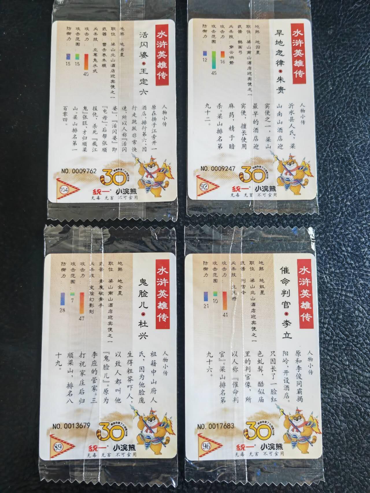 阳大大卡牌超级大甩拍第54期（周五晚上九点截拍，持续收拍品，进群福利早知道） 【小编】统一小浣熊水浒30周年  内务处迎宾八使  李立、杜兴、朱贵、王定六  4张