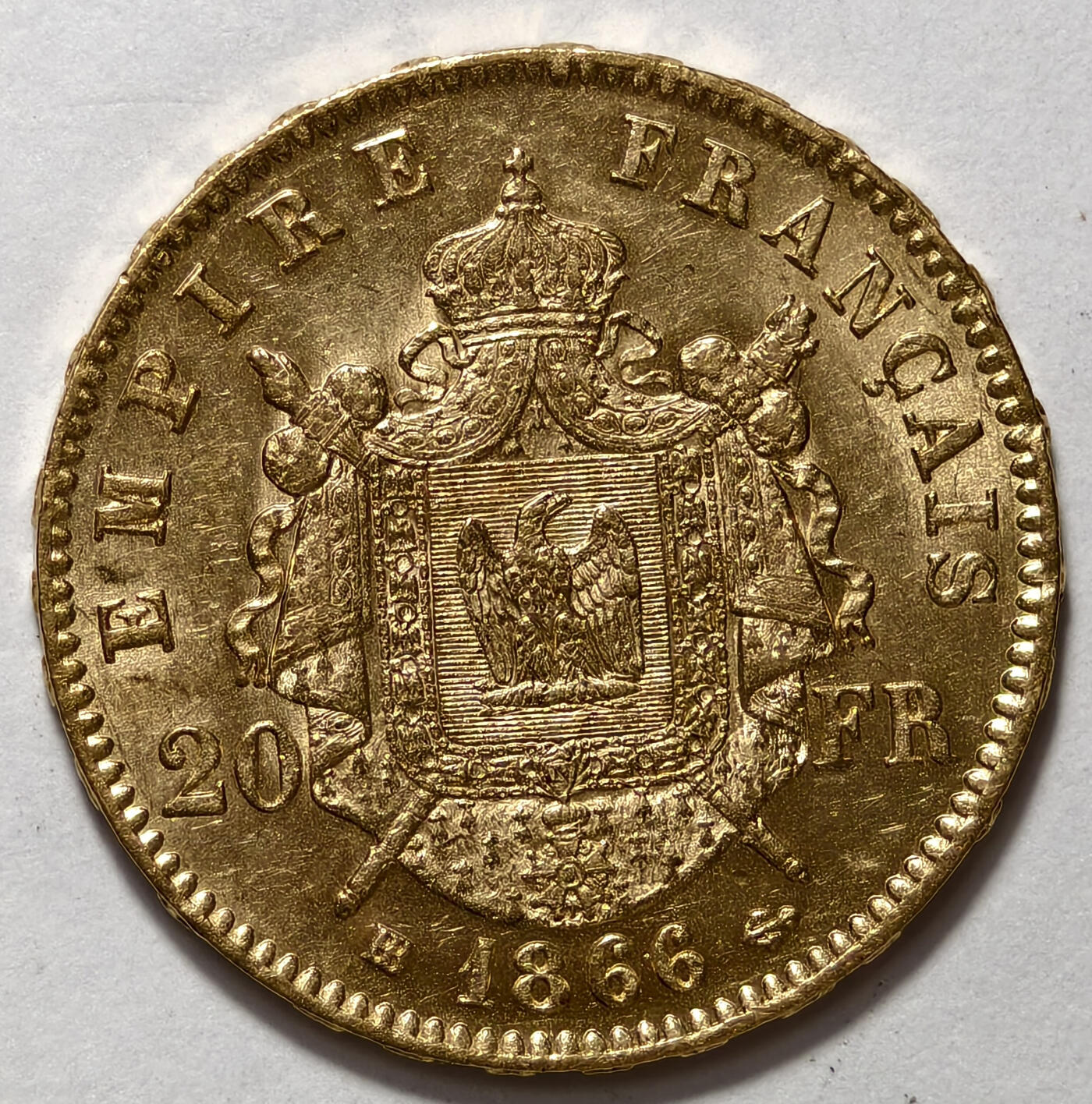紫瑗钱币——第551期 法国 1866年 BB版 斯特拉斯堡厂铸造 拿破仑三世 花冠 20法郎 6.45克 0.9金