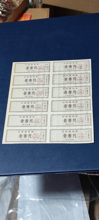 票证拍场    都是整版或者联票 江苏省布票   壹市尺   1972年发行   12联