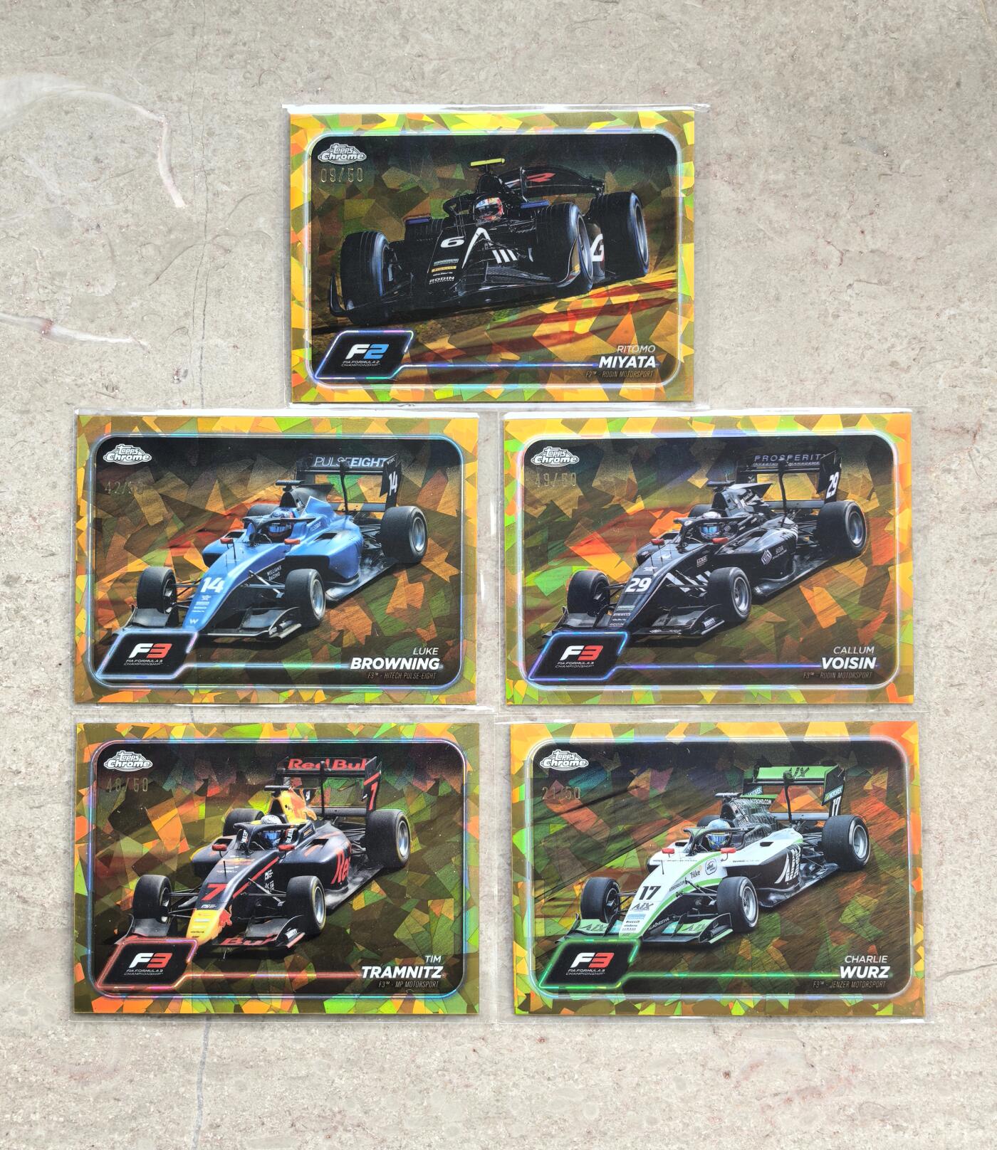 【博洋堂】卡牌拍卖专场第001期首拍 2024 Topps Chrome F1 方程式赛车 宫田莉朋、布朗宁、沃伊辛等5位车手 赛车选图 50编金碎冰折 低编 均为全球限量50张 5张一组