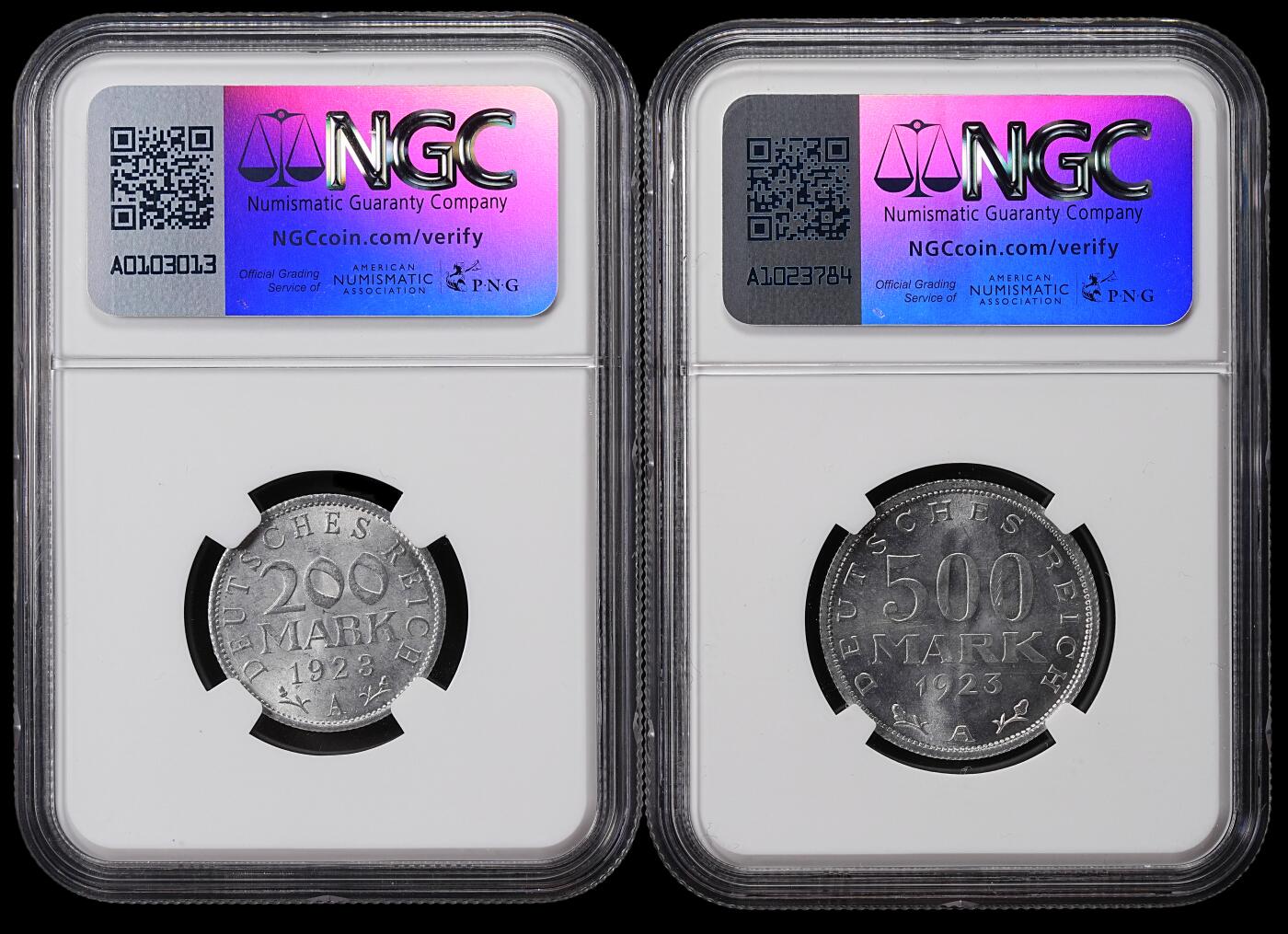 修遠堂世界钱币第七十一期 NGC评级 1923年魏玛政府200，500马克铝币两枚