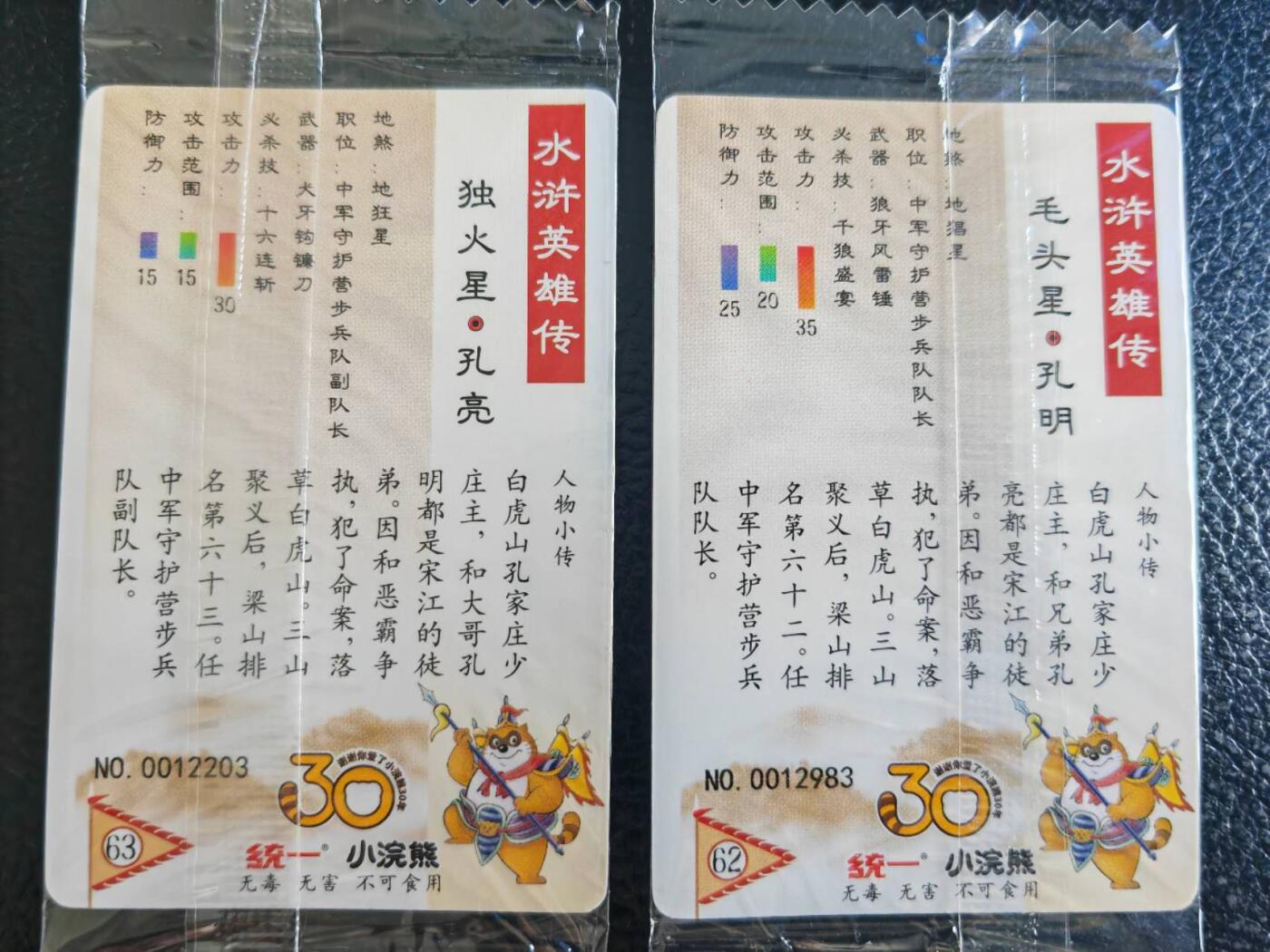 阳大大卡牌超级大甩拍第54期（周五晚上九点截拍，持续收拍品，进群福利早知道） 【小编】统一小浣熊水浒30周年  中军守护四豹 孔明、孔亮 2张