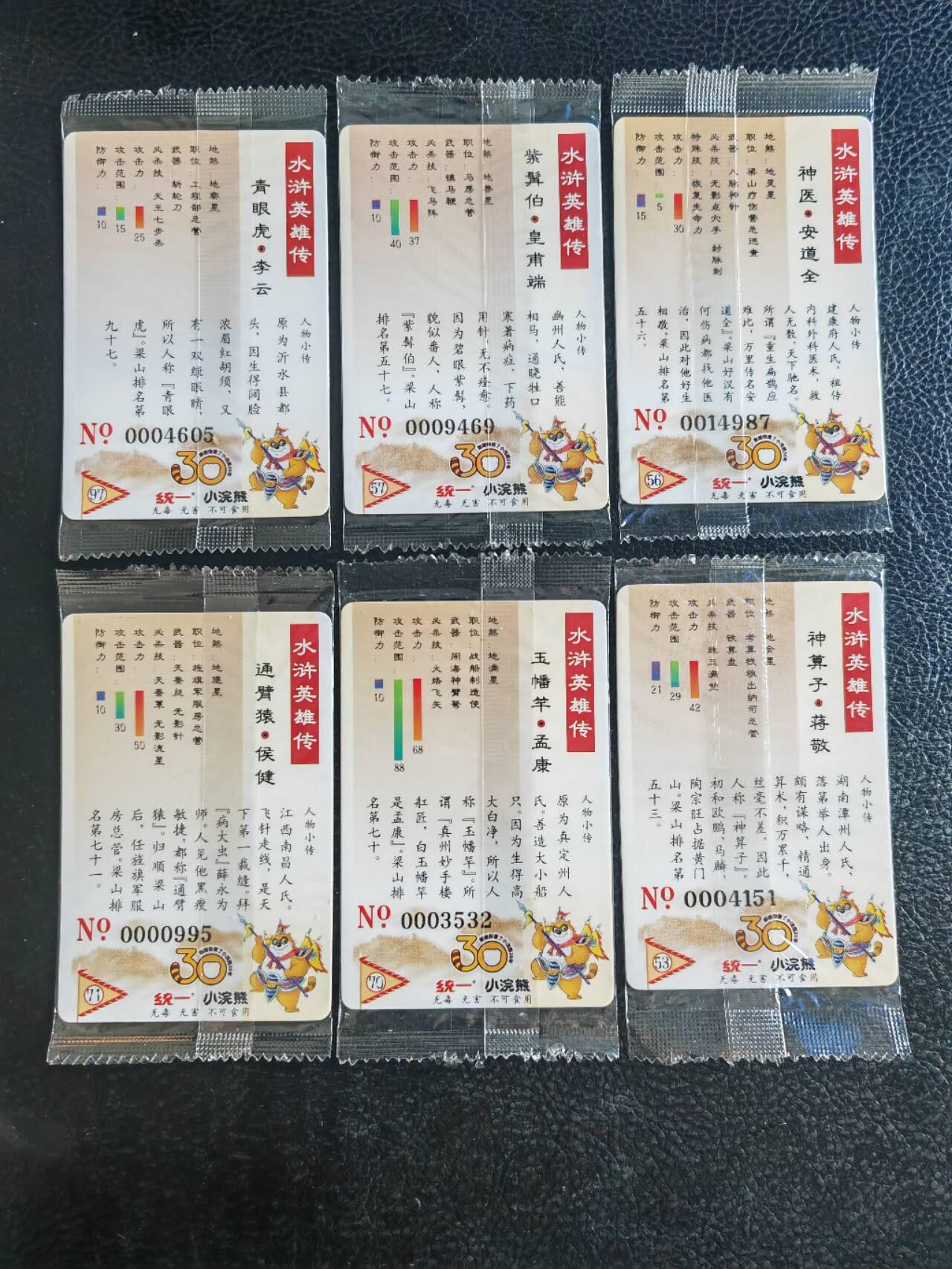 阳大大卡牌超级大甩拍第54期（周五晚上九点截拍，持续收拍品，进群福利早知道） 【大编】统一小浣熊水浒30周年  内务处十六监造 李云、皇甫端、安道全、孟康、侯健、蒋敬 6张