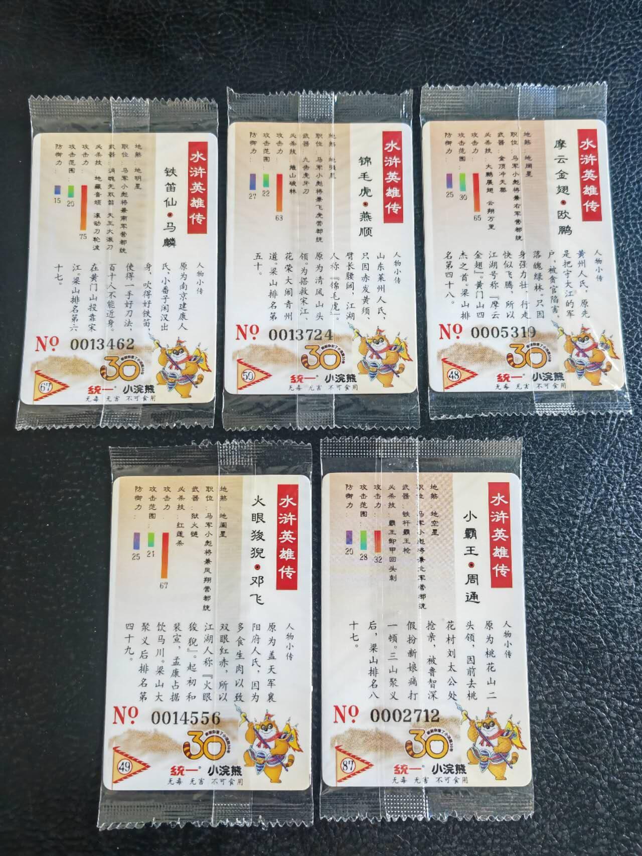 阳大大卡牌超级大甩拍第54期（周五晚上九点截拍，持续收拍品，进群福利早知道） 【大编】统一小浣熊水浒30周年 马军十六小彪将 马麟、燕顺、欧鹏、邓飞、周通 5张