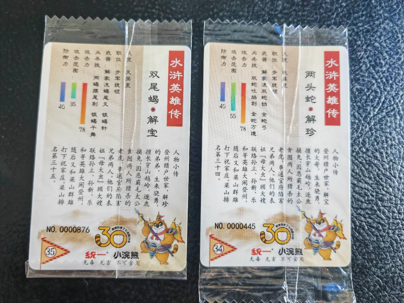 阳大大卡牌超级大甩拍第54期（周五晚上九点截拍，持续收拍品，进群福利早知道） 【小编】统一小浣熊水浒30周年 步军十麒麟 解珍、解宝 双兄弟2张