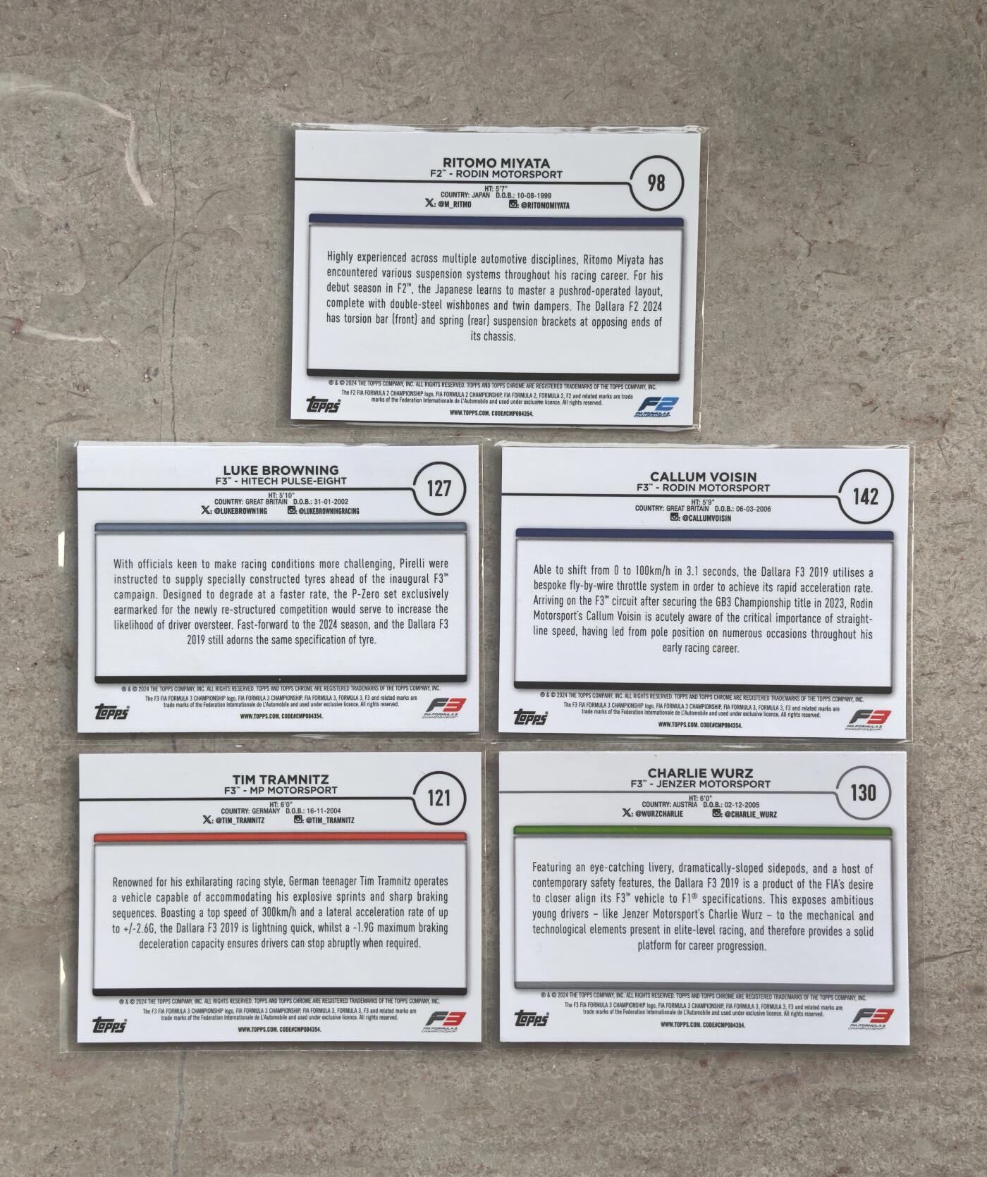 【博洋堂】卡牌拍卖专场第001期首拍 2024 Topps Chrome F1 方程式赛车 宫田莉朋、布朗宁、沃伊辛等5位车手 赛车选图 50编金碎冰折 低编 均为全球限量50张 5张一组