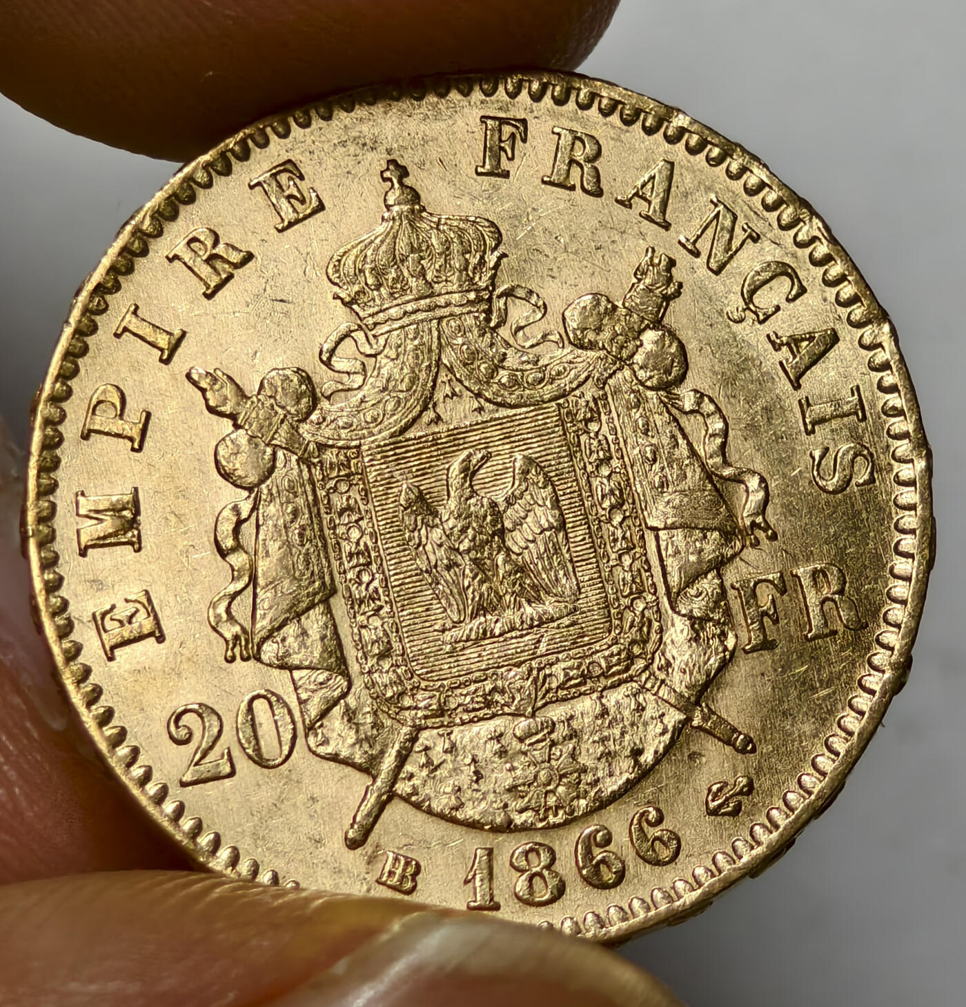 紫瑗钱币——第551期 法国 1866年 BB版 斯特拉斯堡厂铸造 拿破仑三世 花冠 20法郎 6.45克 0.9金