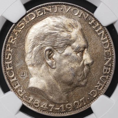修遠堂世界钱币第七十一期 - NGC MS63 1927年兴登堡八十大寿纪念银章 五马克型 卡尔歌茨作品