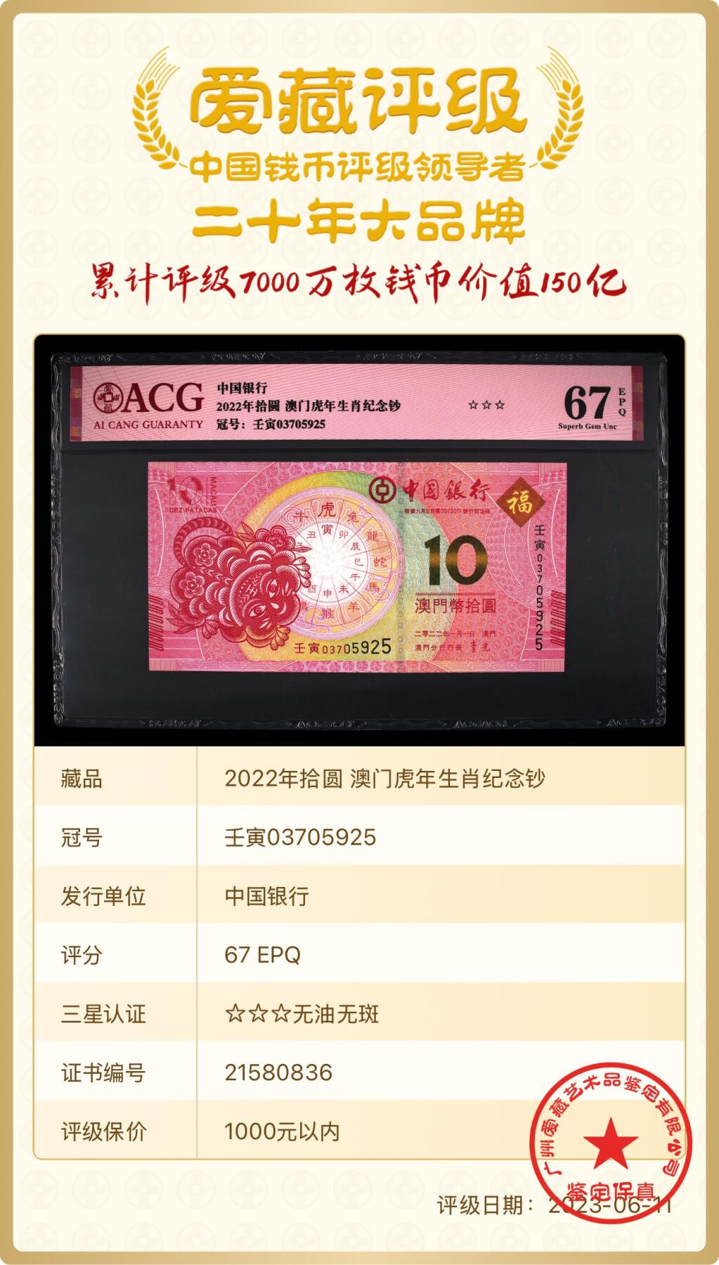 2022年中国澳门壬寅虎年生肖纪念钞