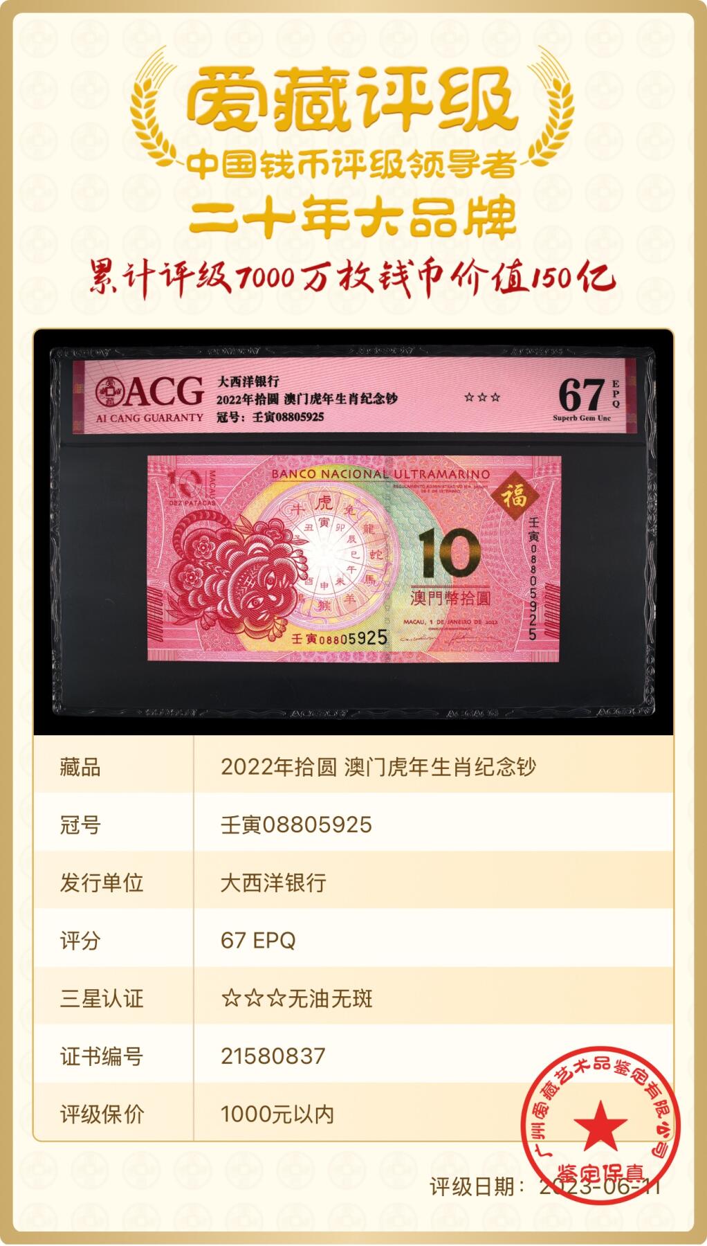 2022年中国澳门壬寅虎年生肖纪念钞