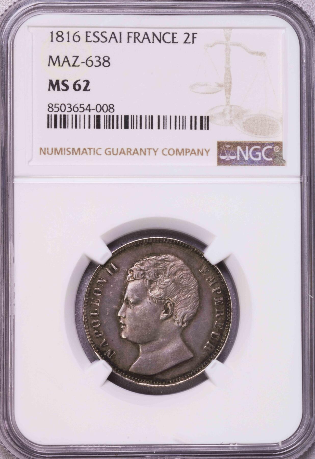 NGC-MS62 1816法国拿破仑二世小孩头2法郎银币 冠军