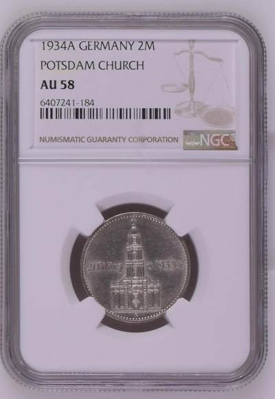 1934年德国波茨坦教堂 加字 2马克 NGC AU58 - 1934年德国波茨坦教堂 加字 2马克 NGC AU58