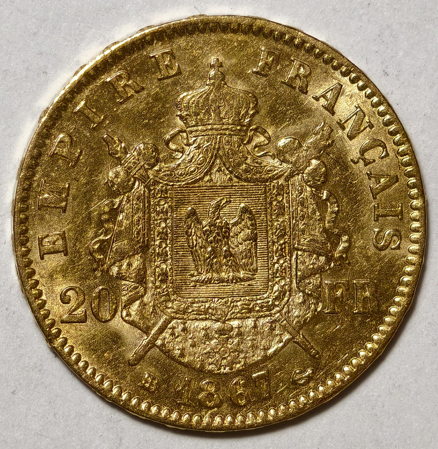 紫瑗钱币——第552期 法国 1867年 BB版 斯特拉斯堡厂铸造 拿破仑三世 花冠 20法郎 6.45克 0.9金