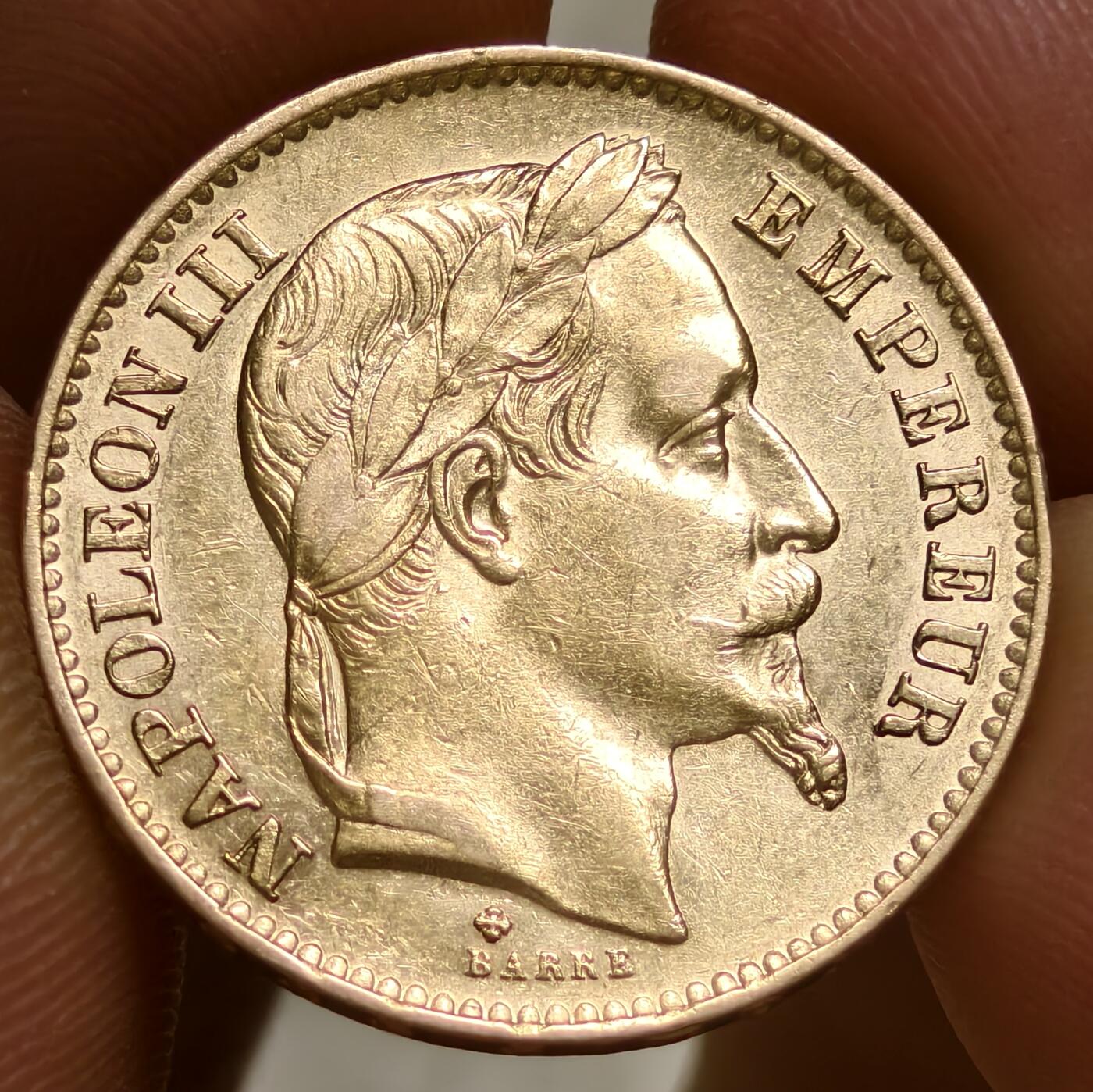 紫瑗钱币——第552期 法国 1867年 BB版 斯特拉斯堡厂铸造 拿破仑三世 花冠 20法郎 6.45克 0.9金