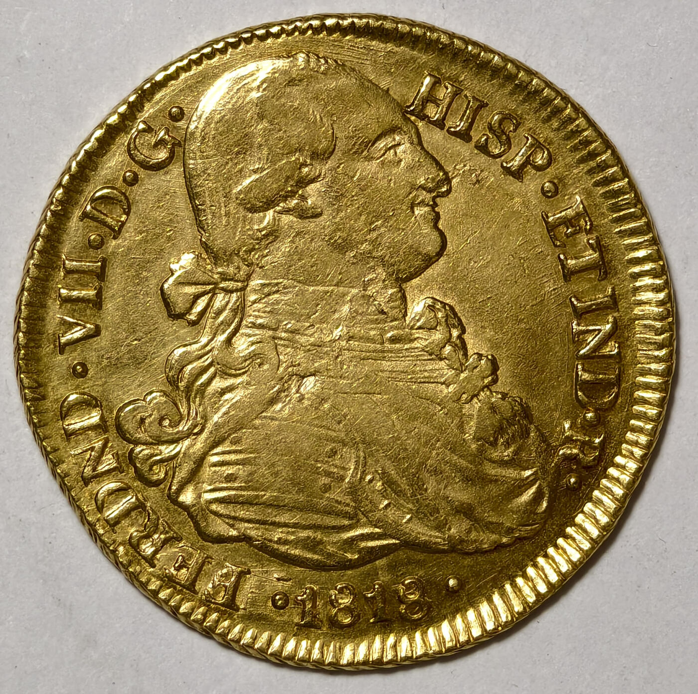 紫瑗钱币——第554期 	西班牙 1818年 西属哥伦比亚-波帕扬造币厂 查理四世半身像，费迪南七世的名字  8埃斯库多 大金币 0.875金 27克