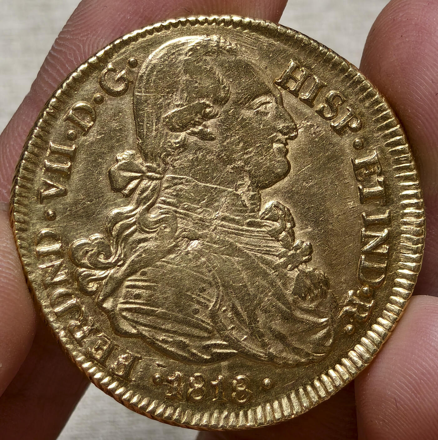 紫瑗钱币——第554期 	西班牙 1818年 西属哥伦比亚-波帕扬造币厂 查理四世半身像，费迪南七世的名字  8埃斯库多 大金币 0.875金 27克