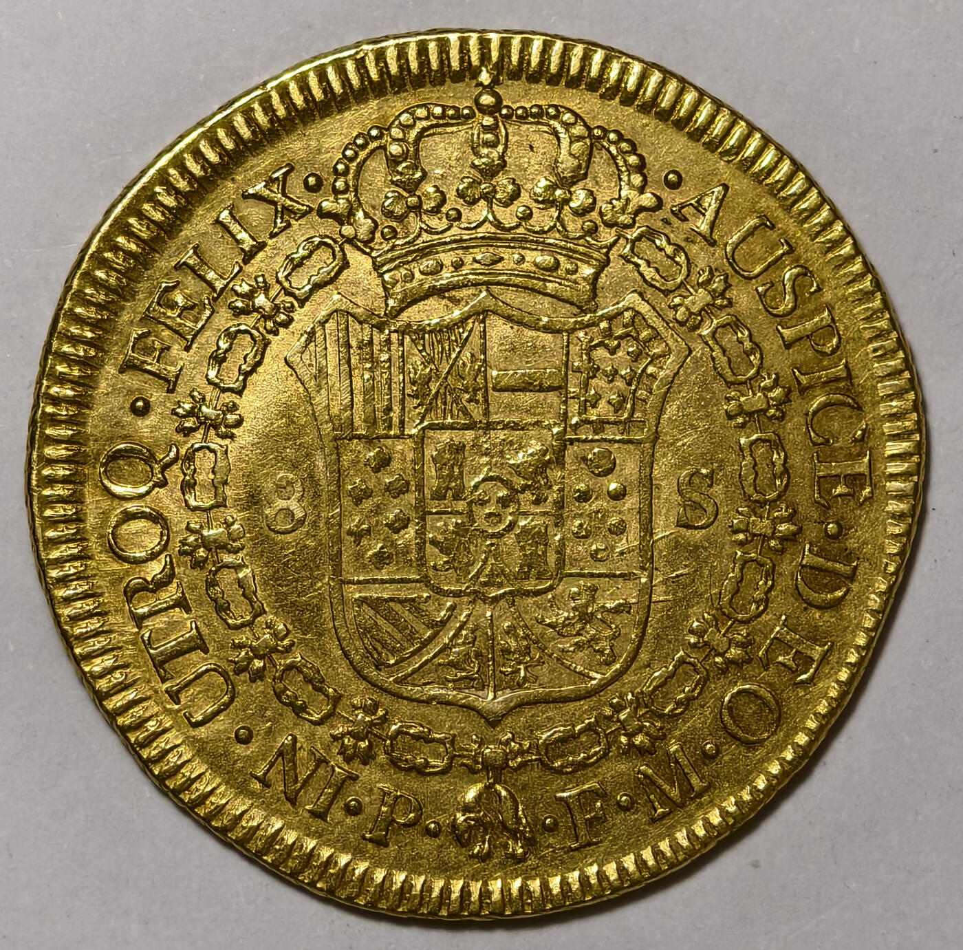 紫瑗钱币——第554期 	西班牙 1818年 西属哥伦比亚-波帕扬造币厂 查理四世半身像，费迪南七世的名字  8埃斯库多 大金币 0.875金 27克