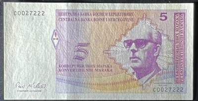 外国纸币专场250607第四十七场 波黑  塞族 1998年5马克，C首冠，豹子号222数三，全新品相UNC。