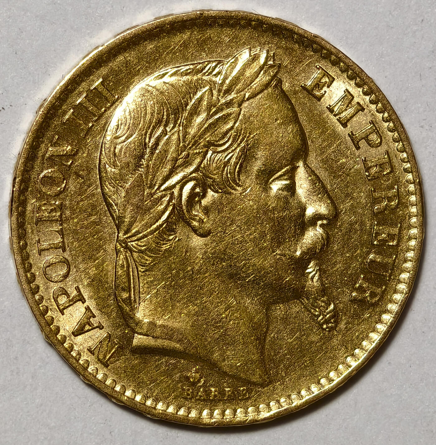 紫瑗钱币——第552期 法国 1867年 BB版 斯特拉斯堡厂铸造 拿破仑三世 花冠 20法郎 6.45克 0.9金