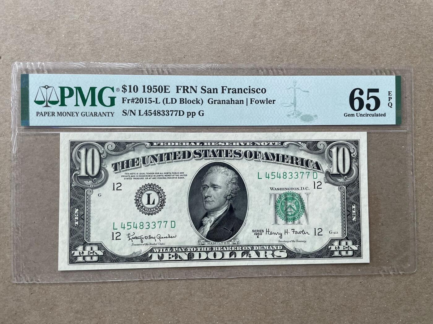 美国1950年E版10元 旧金山分行发行 PMG65EPQ 稀有年版 L45483377D