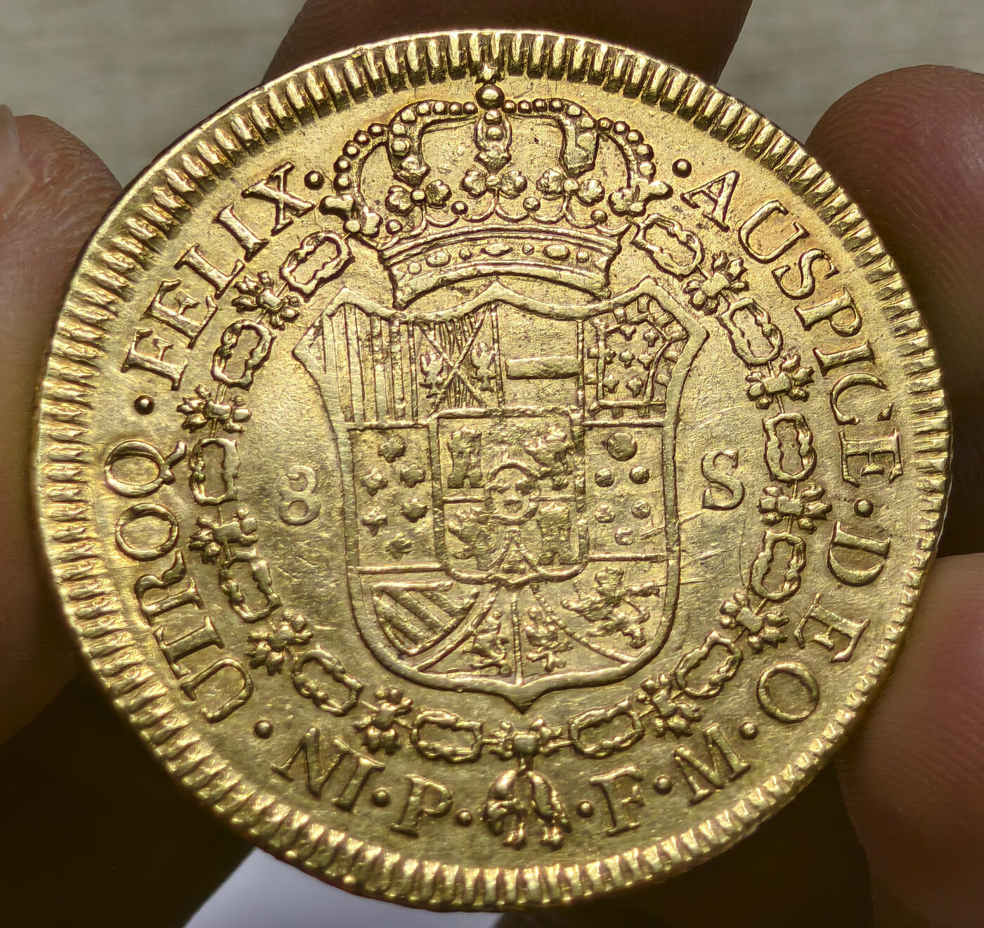 紫瑗钱币——第554期 	西班牙 1818年 西属哥伦比亚-波帕扬造币厂 查理四世半身像，费迪南七世的名字  8埃斯库多 大金币 0.875金 27克