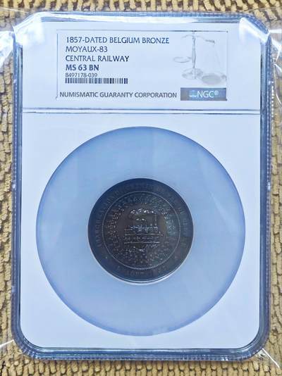 05月26日 世界币章 - 珍稀品：1857年 比利时《中央铁路开通》纪念大铜章 NGC-MS63BN 直径48mm