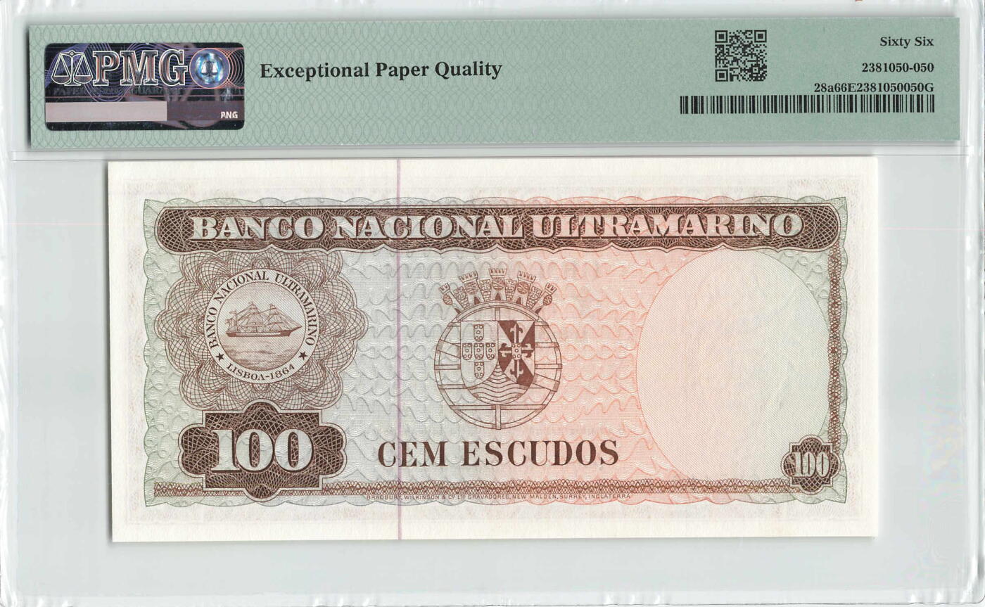 小福收藏拍卖第188期 评级币精选场 本期有韩国银元券500元 龟船样钞 澳门圣诞老人 奥地利莫扎特冠军分  赤道非洲乍得63年100法郎a版   百慕大100元纪念钞首冠倒置号  埃及超小号  德国帖票   巴基斯坦错钞样钞 南斯拉夫 梅梅尔 阿尔及利亚早期等多国精美高分珍稀老钞精品纸币 东帝汶 1963年 100埃斯库多 绝大部分发黄极难评分 PMG66 EPQ 亚军分
