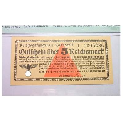 PMG MS64 德国第三帝国1939-44年集中营战俘营5马克 原光 - PMG MS64 德国第三帝国1939-44年集中营战俘营5马克 原光