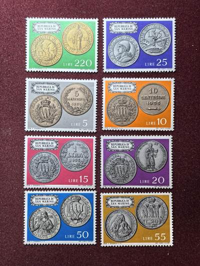 联合阁邮币社™ ——“精品多国邮票” - 圣马力诺1972  古钱币 历史上的硬币  8全新