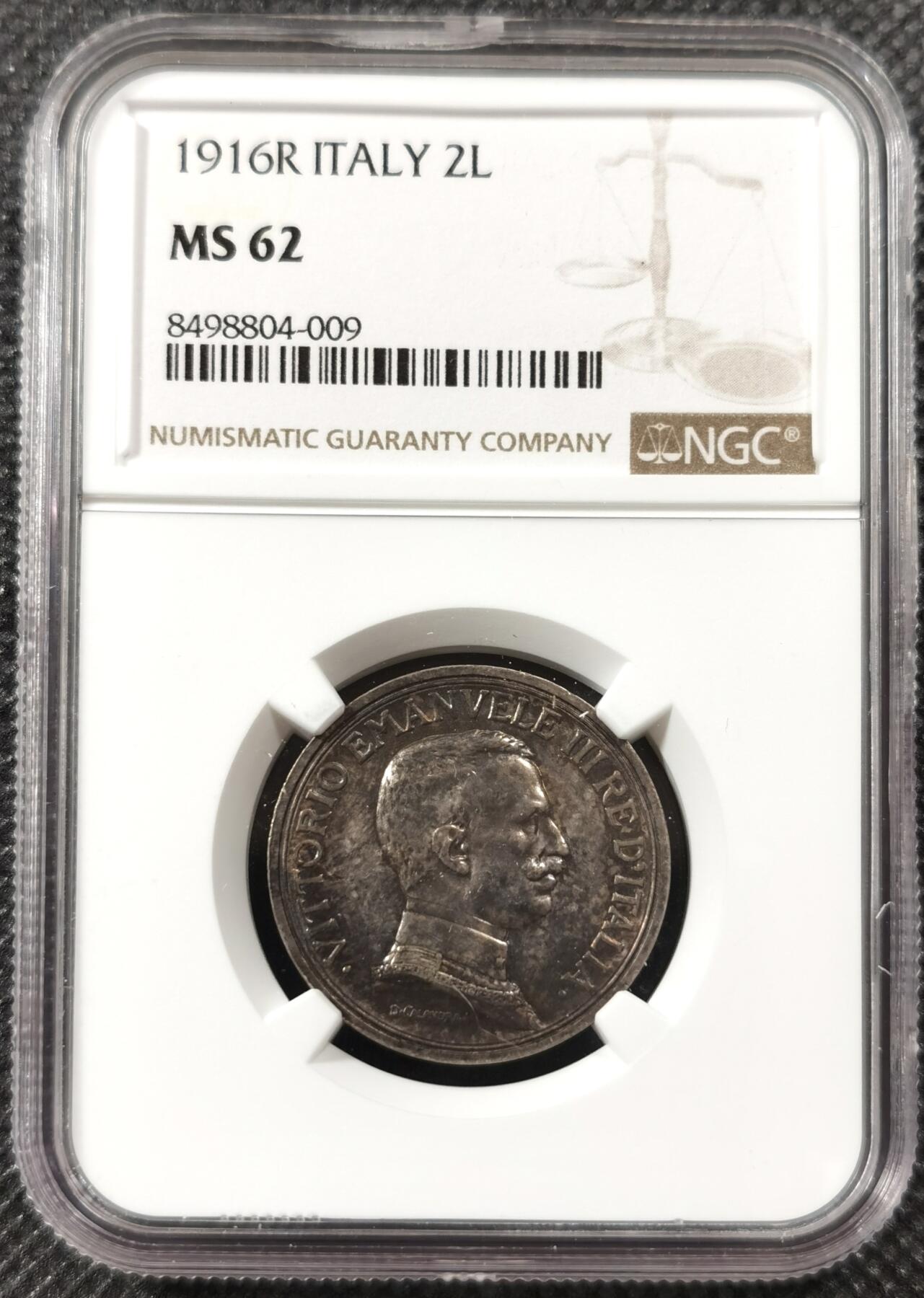  甄臻铺-世界币章拍卖（第19期），送拍享返佣金等优惠多多 NGC-MS62 1916年意大利马车2里拉，黑五彩包浆，泛幽幽蓝光，极美，早期年份