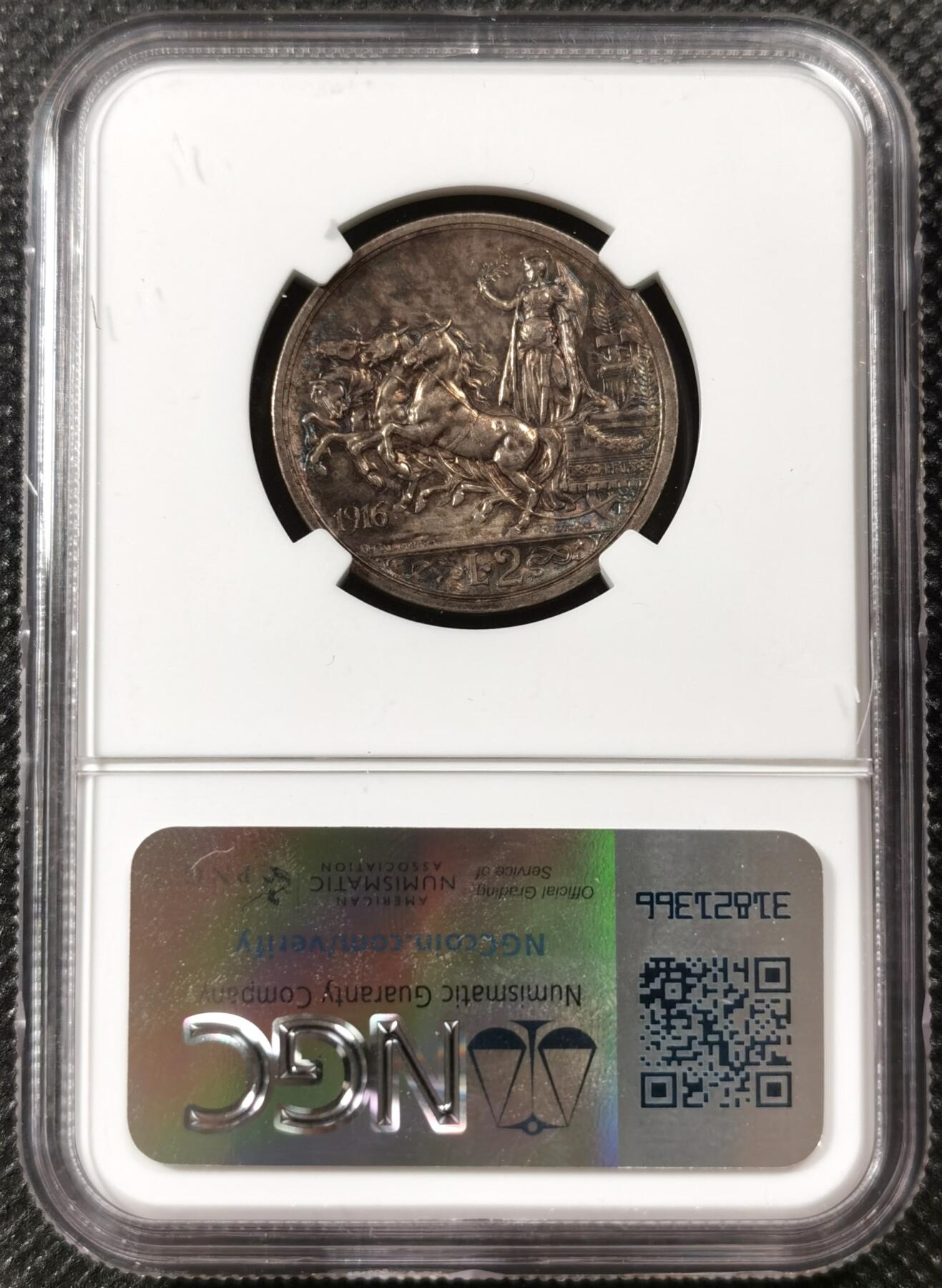  甄臻铺-世界币章拍卖（第19期），送拍享返佣金等优惠多多 NGC-MS62 1916年意大利马车2里拉，黑五彩包浆，泛幽幽蓝光，极美，早期年份