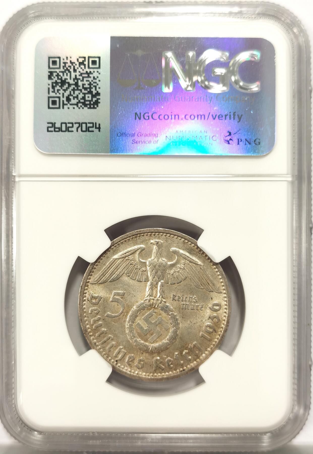 博洋堂“追光而行”五月精品专场暨第124期（全场包邮） NGC MS62 德国第三帝国1936年D版兴登堡5马克银币带万字