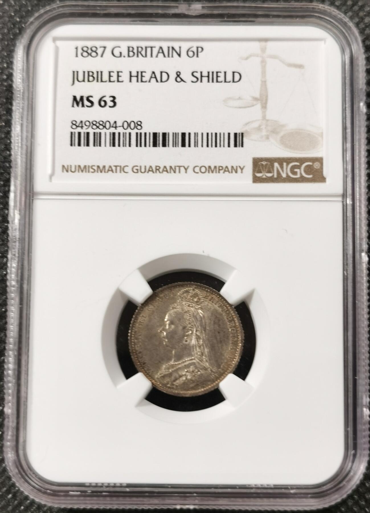  甄臻铺-世界币章拍卖（第19期），送拍享返佣金等优惠多多 NGC-MS63 1887年英国维多利亚高冠6便士，盾徽版