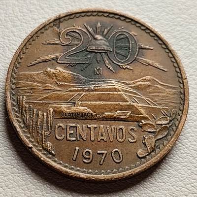 泉币菌-第32场-中外散币乐园 - 极美 墨西哥1970年 20分大铜币金字塔/老鹰图案28.6mm