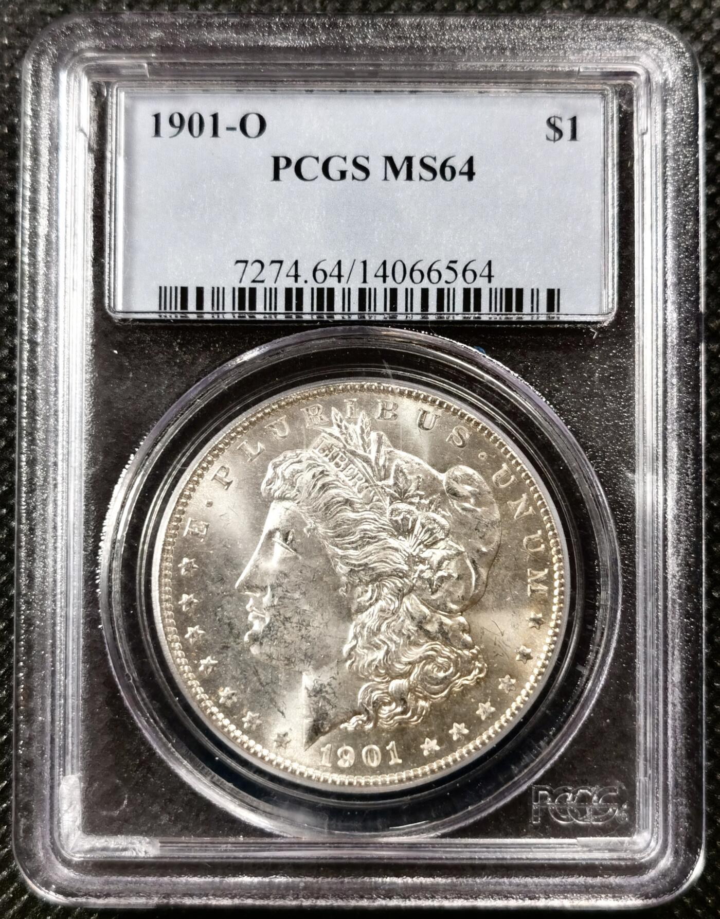  甄臻铺-世界币章拍卖（第19期），送拍享返佣金等优惠多多 PCGS-MS64 1901年O版摩根淡淡包浆